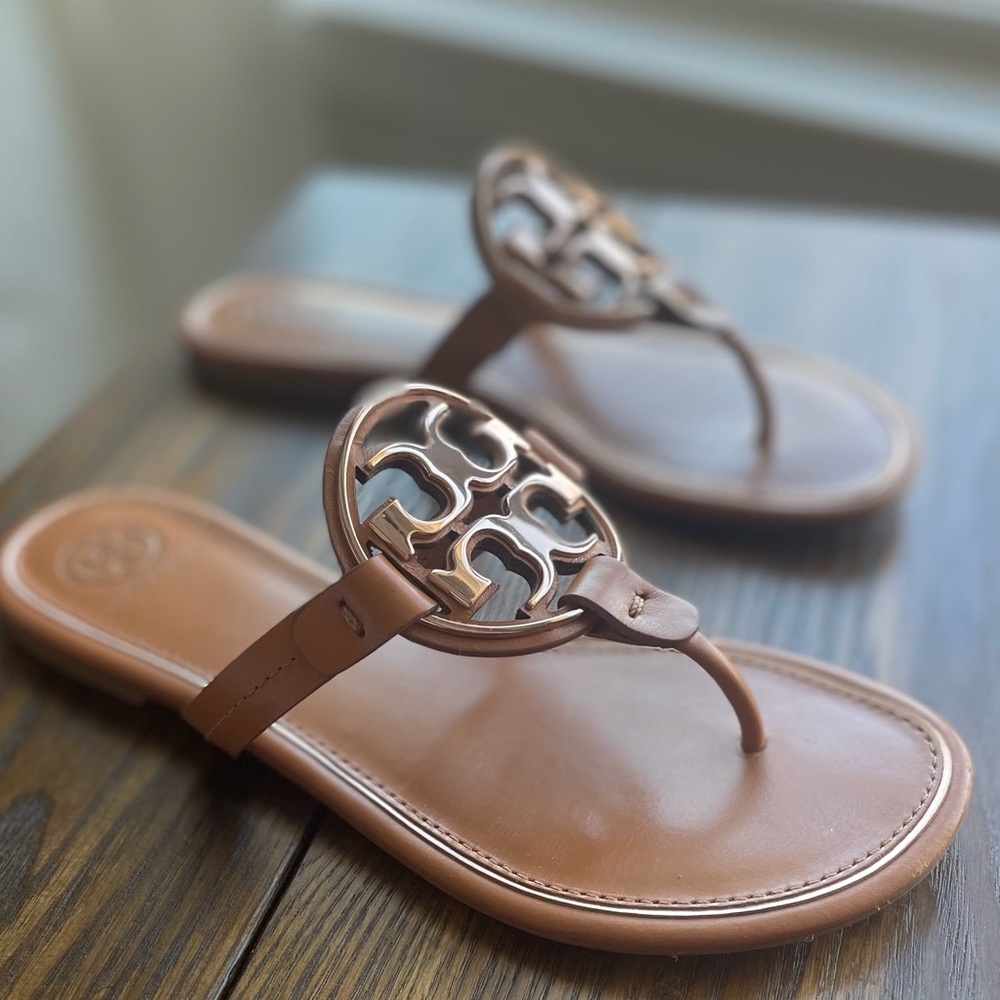Tory Burch Metal Miller Sandal, size 8.5, cognac brown, like new condition